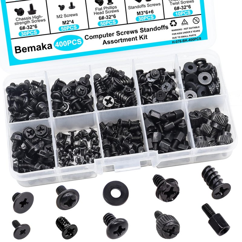 Bemaka 400Pcs Computer Screws Assortment Kit, Motherboard Standoffs Screws PC Screws for Universal Motherboard, SSD, Hard Drive, PC Case, PC Fan, for DIY PC Installation and Repair - Image 1
